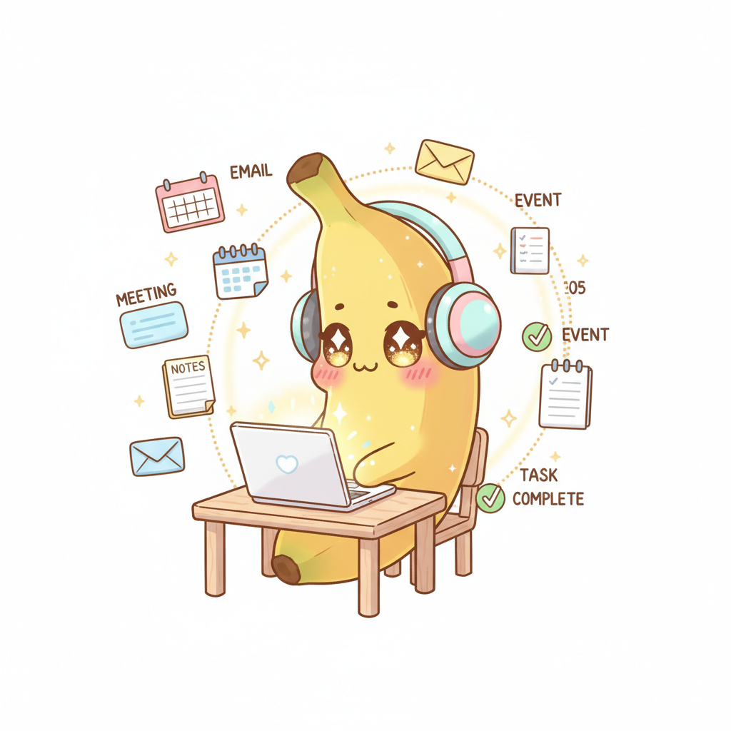 Nona Banana mascot holding a globe with clocks showing different timezones, airplane trails connecting cities